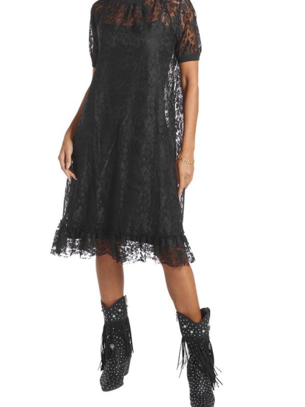 Black Lace Midi Dress with Short Sleeves